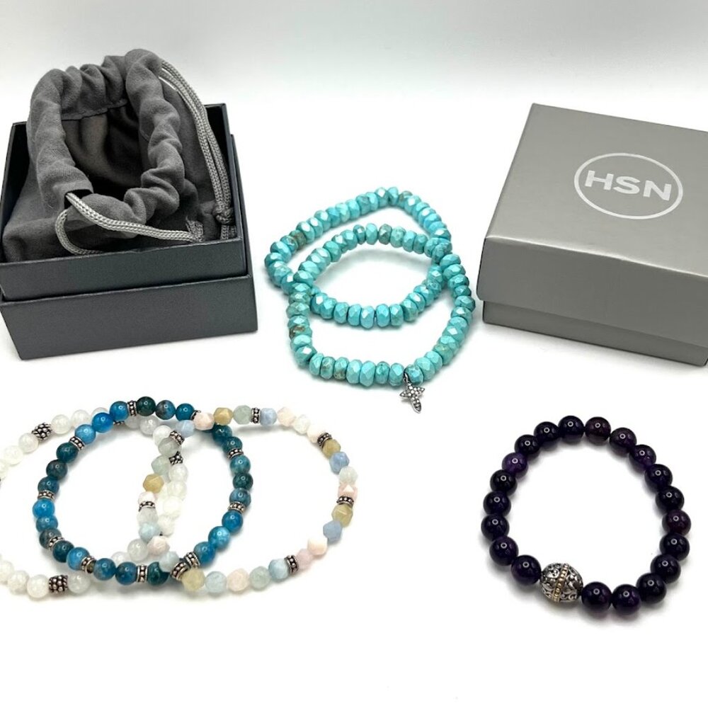 Colleen Lopez & Bali Assorted Gemstone Bead Stretch Bracelets 6 to 7-1/4" [3pc]